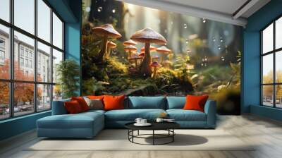 Mystical mushrooms emerge in magical forest. Wall mural