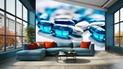 Selective focus on blue and white capsules pill spread on white background with shadow. Global healthcare concept. Generative Ai Wall mural