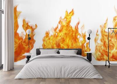 Set of fire flames isolated on transparent background. Realistic fire illustration for design, elements of fire in various shapes Wall mural