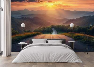 Sunset road trip through serene desert landscape offers a sense of adventure Wall mural