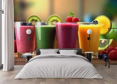 The set of colorful smoothies with exotic fruits, generative ai Wall mural