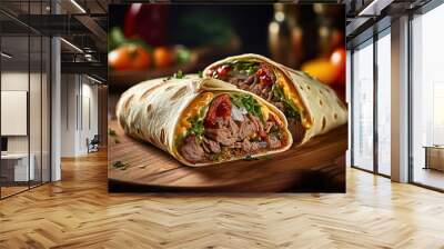 Traditional mexican tortilla wrap with chicken meat and vegetables on wood table. Generative Ai Wall mural