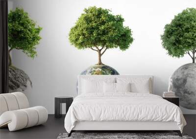 Trees growing on earth globes set isolated on transparent background Wall mural