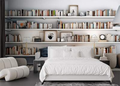 White shelves with white books and decor, light white interior of living room or cabinet in house, stylish and cozy design in minimalist style. Generative Ai Wall mural