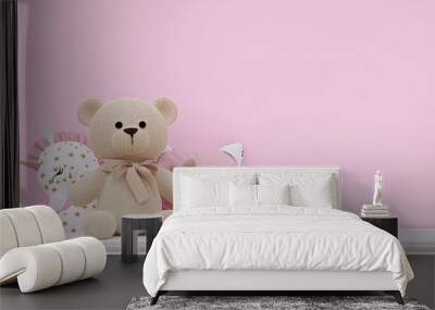 Stuffed toy teddy bear and animal pillows on white cabinet. 3d rendered illustration. Wall mural