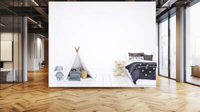 Wallpaper mockup  in a white children bedroom. 3d rendered illustration. Wall mural