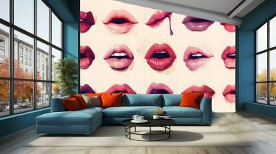 Set of images of beautiful female lips for various facial expressions and color shades in vector style Wall mural