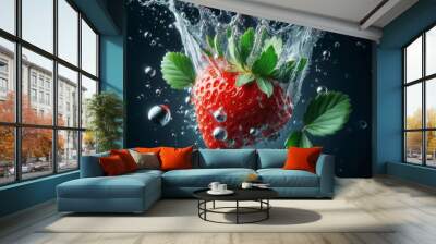 strawberry falling into water , fresh strawberry Falling into water  Wall mural