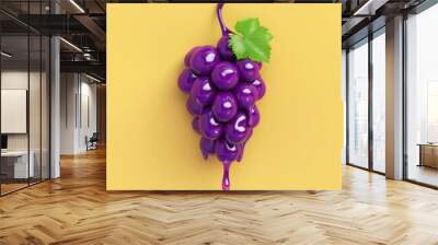 A 3D icon depicting a deep purple grape juice drop, juicy and delicious, dripping enticingly against a pastel yellow background, AI Generative Wall mural