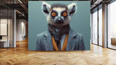 A Ring-tailed Lemur in a tailored business suit, standing against a soft pastel background, AI Generative Wall mural