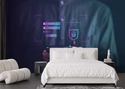 Access to personal financial data with futuristic biometric fingerprint scanner on smartphone. Surveillance and security scanning of digital programs for cyber applications. future of secure identity. Wall mural