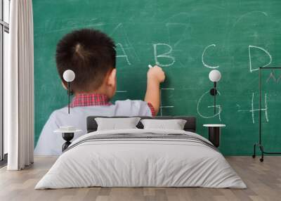 Back to School. Happy Asian funny back of cute little child boy kindergarten preschool in student uniform writing ABC with white chalk on green school blackboard, First time to school education Wall mural