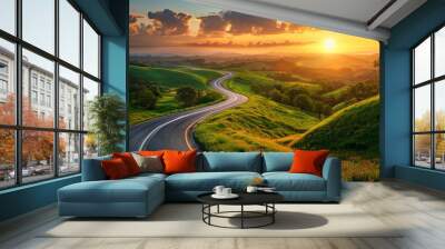 Beautiful highway with white travel bus, picturesque journey, tranquil, vivid, wide angle, 70mm, high detail, AI Generative Wall mural