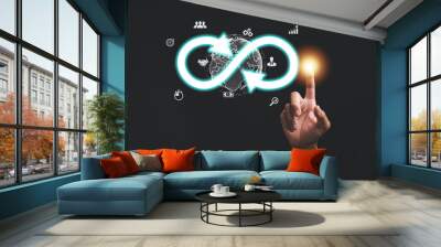 Business people pointing at business technology icons, representing global internet connection and digital marketing. Finance and banking concepts are highlighted, digital link technology and big data Wall mural