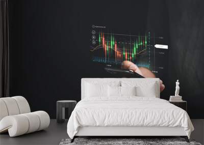 Businessman shows growing virtual hologram stock on smartphone, symbolizing success and progress in stock market trading. Planning and strategy concept for business growth. Invest in trading. Wall mural