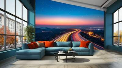 bustling highway weaving through countryside under starlit sky, embodying movement and connectivity, vibrant, mysterious, AI Generative Wall mural