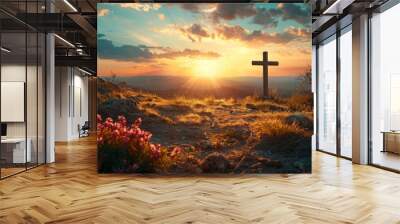 Christ triumphant, faith's victory, gentle heavenly rays, serene Easter morning, AI Generative Wall mural