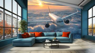 Commercial airliner on a world tour, high above the clouds, summer travel and leisure concept, crisp isolated background, 3D rendering, wide angle, sunset ambiance, AI Generative Wall mural