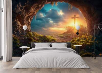 Dawn of Easter, Jesus risen, empty tomb with crucifixion background, celebrating Christian faith and renewal, AI Generative Wall mural