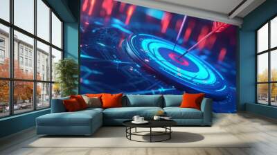 Design a visually striking 3D rendered image featuring a sleek, digital target with arrows embedded in its bullseye, all floating in a mysterious dark void. Use dynamic lighting, AI Generative Wall mural