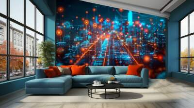 Digital marketing technology concept visualized, a vibrant network of icons and data streams representing SEO, SMM, AI Generative Wall mural