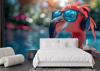 Flamingo in sunglasses and headphones, enjoying beats, beside a pool under the summer sun, cheerful and lively, AI Generative Wall mural