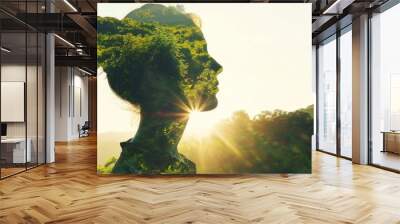 Green hills in the morning sun, double exposure photography, diagrammatic portrait, 4K, hyper quality, AI Generative Wall mural