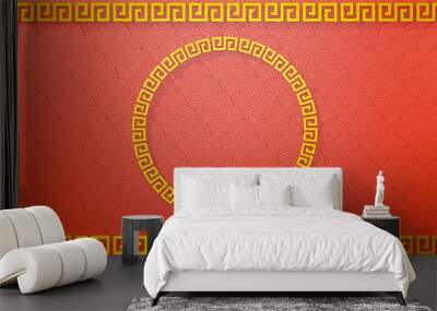 Happy Chinese new year concept. Chinese traditional ornament collection of decorative gold round border frames red background for web design, Circle frame, 3D rendering illustration Wall mural