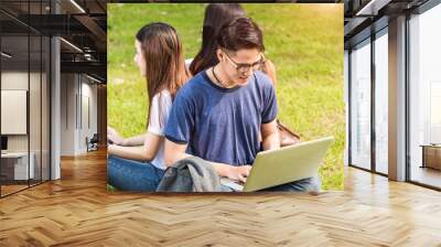 Happy group friends students sitting in park at college see laptop and tablet together Wall mural