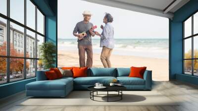 Happy senior couple relaxing outdoors singing and playing acoustic guitar at beach near sea sunny day, Mature man playing ukulele for his wife at sea, plan life insurance at retirement couple concept Wall mural