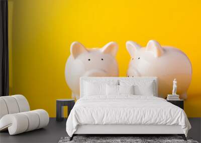 International Friendship Day, Front two small white fat piggy bank, studio shot isolated on yellow background and copy space for use, Finance, deposit saving money concept Wall mural