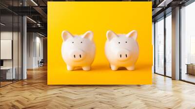 International Friendship Day, Front two small white fat piggy bank, studio shot isolated on yellow background and copy space for use, Finance, deposit saving money concept Wall mural