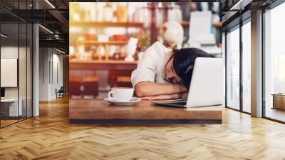 Lifestyle freelance woman he has resting sleeping after hard work long time Wall mural