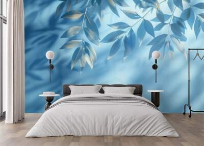 Light blue wall with delicate palm leaf shadows, minimal and abstract, ideal background for product presentations, spring and summer vibe, wide format, AI Generative Wall mural