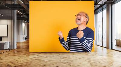 Portrait smiling senior old man lifestyle he arms raised to celebrating his success, Happy Asian elder man with glasses excited say yes gesture like winner studio shot isolated on yellow background Wall mural