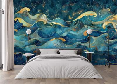 Sea waves pattern, abstract blue and gold, watercolor imitation, technological texture, AI Generative Wall mural