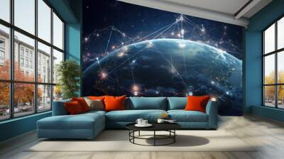 The earth in digital form with a web of interconnected nodes overlayed, representing the global network of communication. Ideal for technology or business projects. Is AI Generative. Wall mural