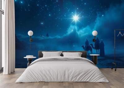 Three Wise Men. Christian Christmas scene with the three wise men and shining star 3d render, AI Generative Wall mural