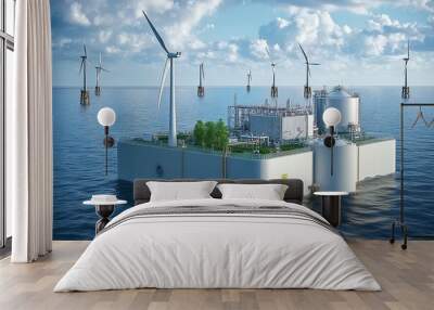 Create an isometric offshore renewable energy system with wind turbines feeding power into a hydrogen storage plant on the coast Wall mural