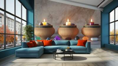 Traditional herbal medicine jars with healing stones and candles, 3D illustration Wall mural