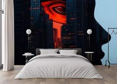 A creative silhouette of a human head filled with urban architecture and vibrant colors, symbolizing the fusion of technology and life. Wall mural