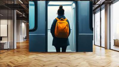 A person stands near a subway entrance, ready to board a train. The urban environment is illuminated, creating a vibrant setting. Wall mural