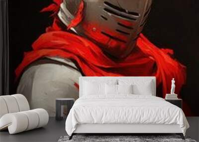 A striking armored knight wearing a metallic helmet and draped in a vibrant red scarf, symbolizing bravery and valor. Wall mural