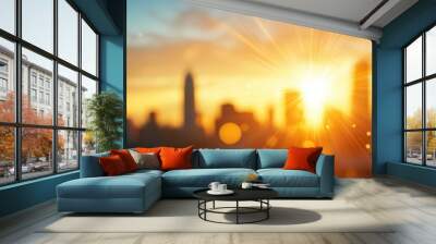 A stunning city skyline during sunset, capturing vibrant colors and soft lights for an enchanting atmosphere. Wall mural