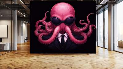 A whimsical octopus character dressed in a suit, blending sea life with elegance and mystery in a vibrant, surreal visual. Wall mural