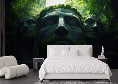 Majestic stone faces emerge from lush greenery, surrounded by waterfalls, evoking a sense of mystery and ancient artistry. Wall mural