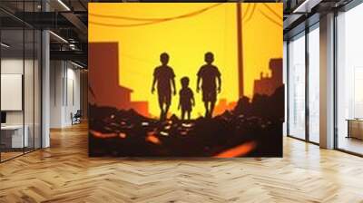 Silhouetted figures walking at sunset, vibrant orange sky, urban environment. Wall mural