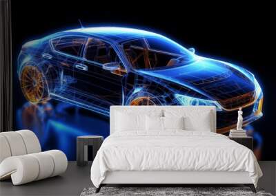 3d line art illustration of a modern electric car chassis with battery revealed in studio setting Wall mural