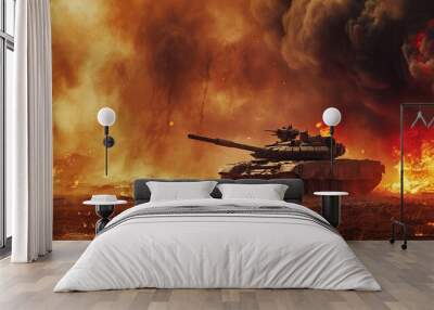 Armored tank crossing minefield in epic war invasion scene with fire in desert   wide poster design Wall mural