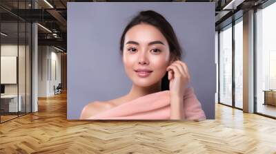 Asian woman touching healthy skin, beauty cosmetics concept with copy space for text Wall mural